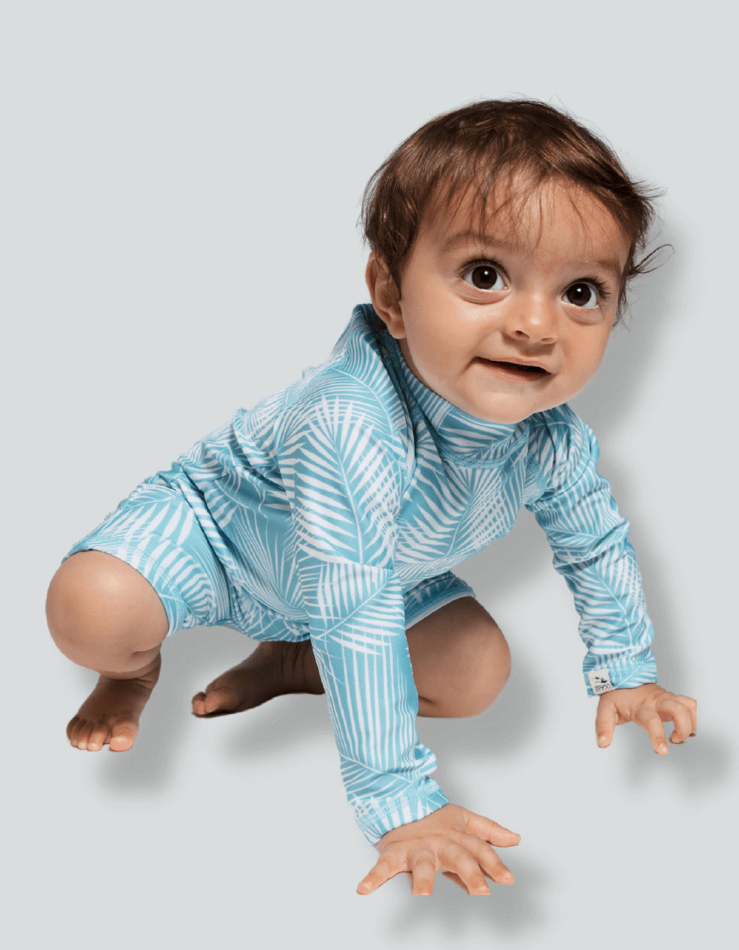 Father & Baby Green Fern, back view. Father and son matching swim shorts.