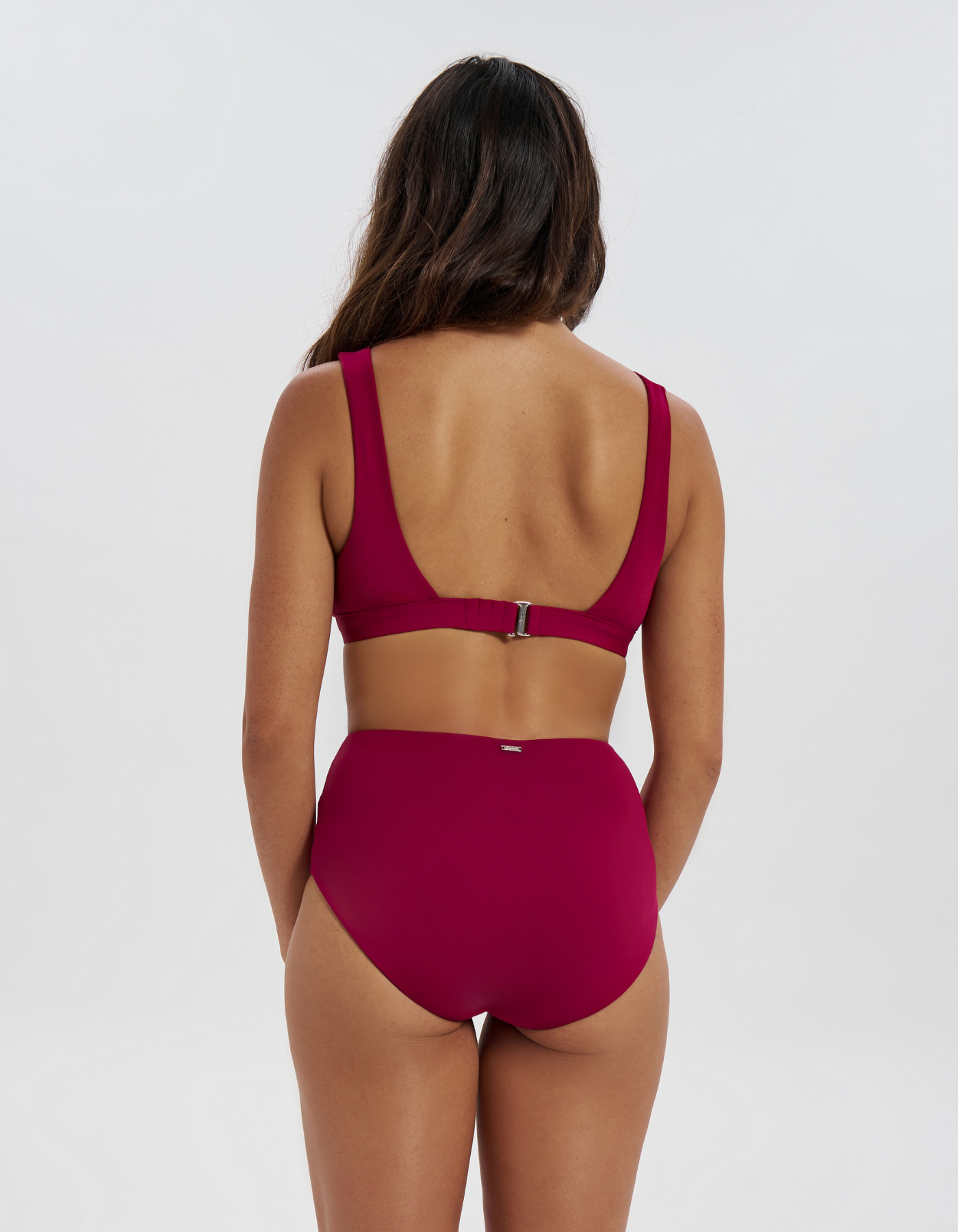High Waist Plum Womens Bikini Bottoms, back view. Sustainable womens swimwear.