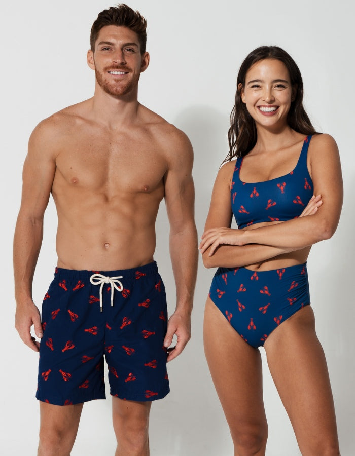 His & Hers Red Lobster, front view. Family matching swimwear.