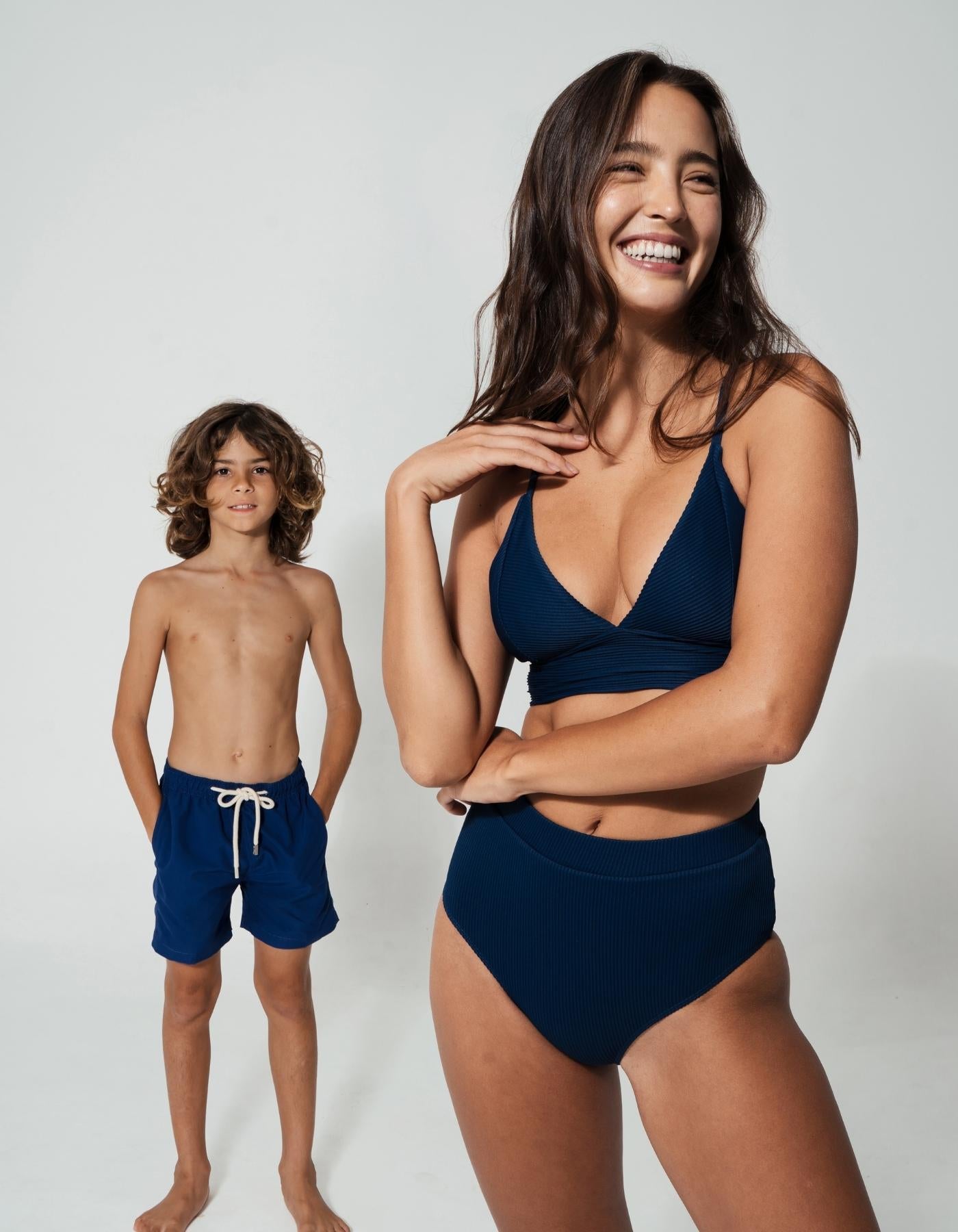 Mother & Son Ocean Blue Ribbed, front view. Mother and son matching swimwear.