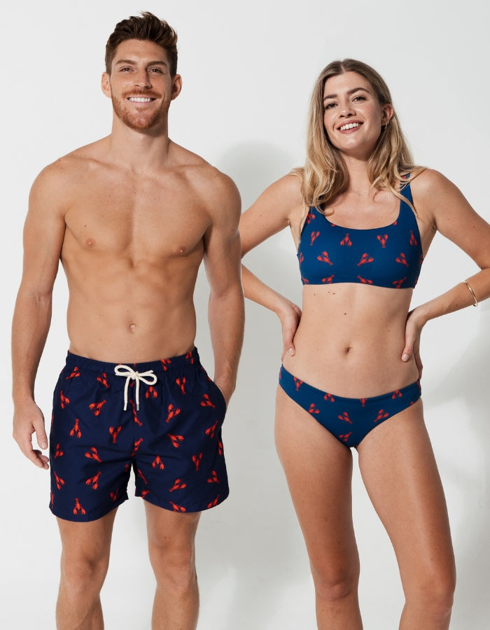 His & Hers Red Lobster, back view. Family matching swimwear.