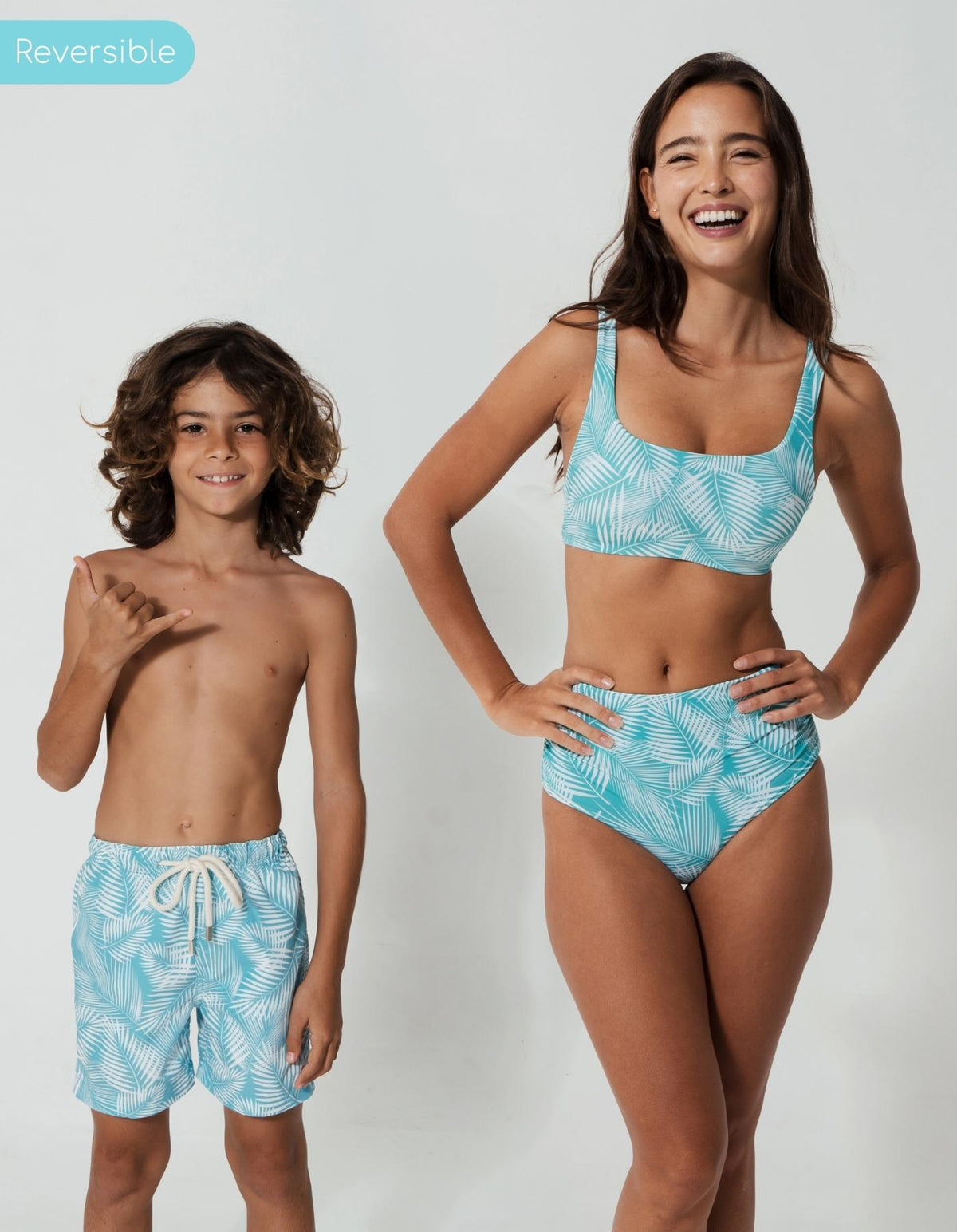 Mother & Son Green Fern, back view. Mother and son matching swimwear.