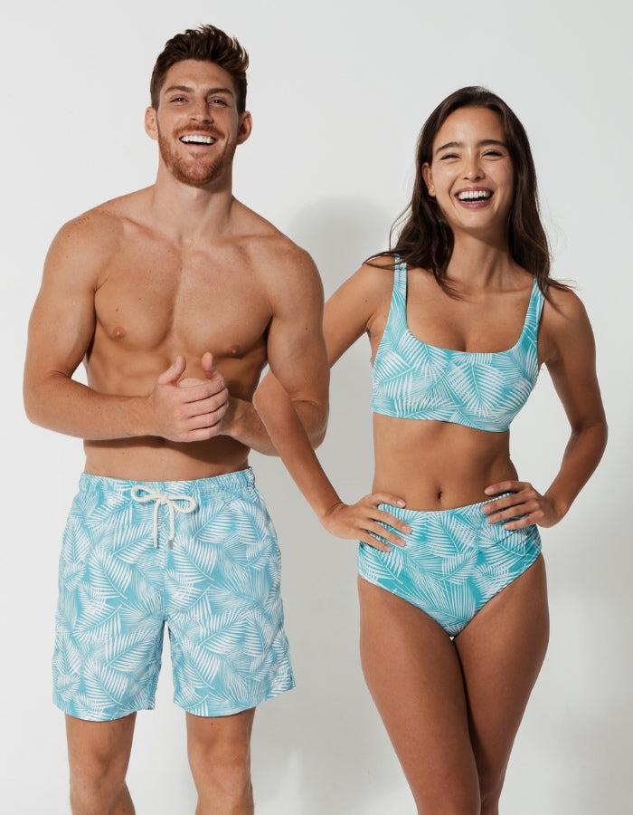 His & Hers Green Fern, front view. Family matching swimwear.