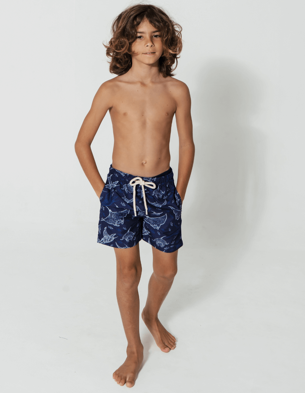 Ocean Manta Boys Swim Shorts, print detail. Sustainable boys swimwear.