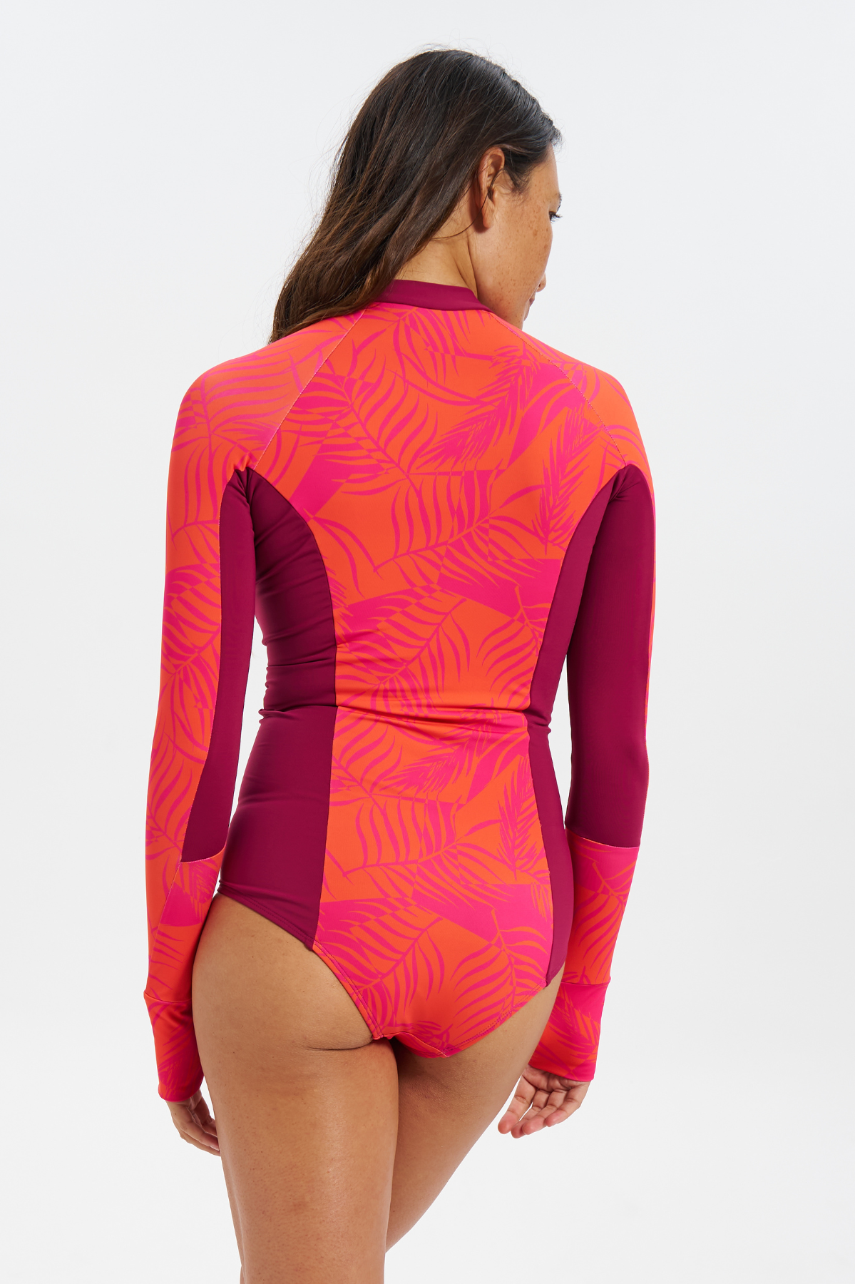 Aperol Palm Womens Surf Suit, print detail. Sustainable womens swimwear.