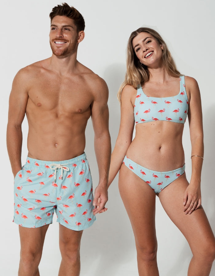 His & Hers Pink Flamingo, front view. Family matching swimwear.