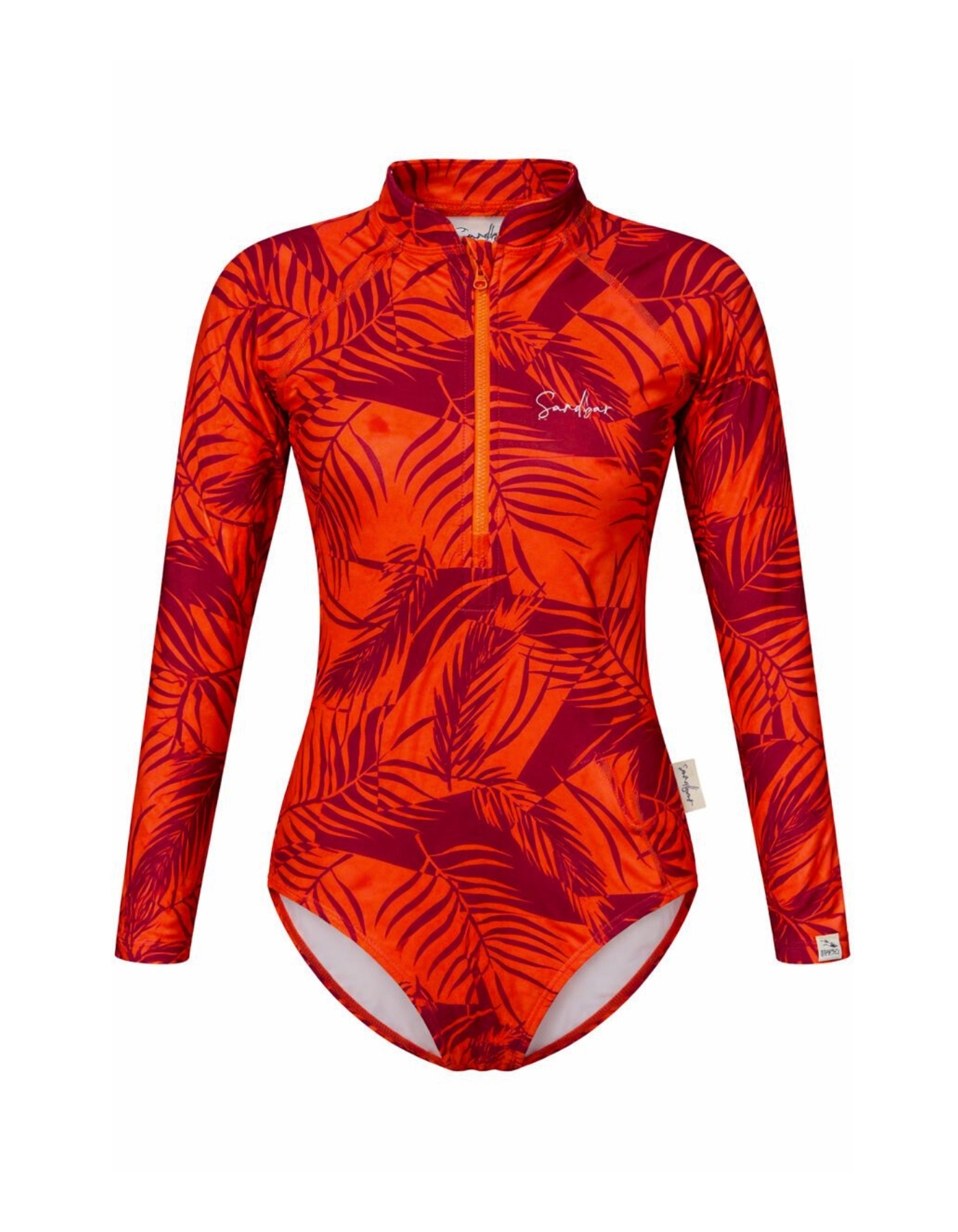 Sunset Palm Long Sleeved Girls Swimsuit, print detail. Sustainable girls swimwear.