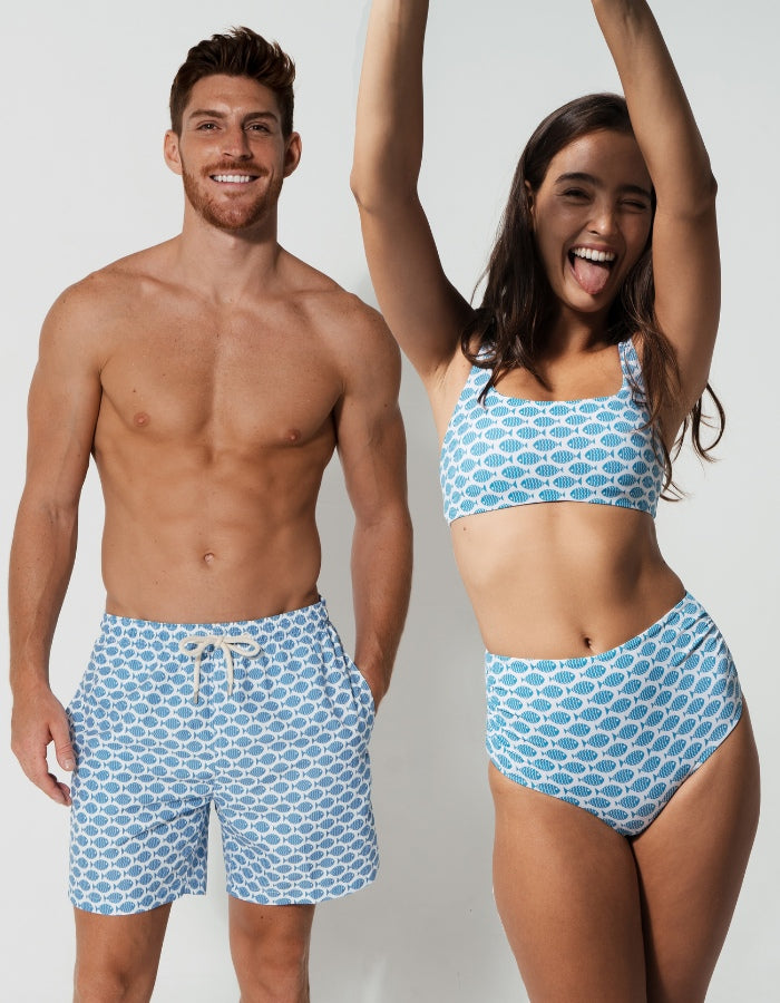 His & Hers Baby Blue Fish, front view. Family matching swimwear.