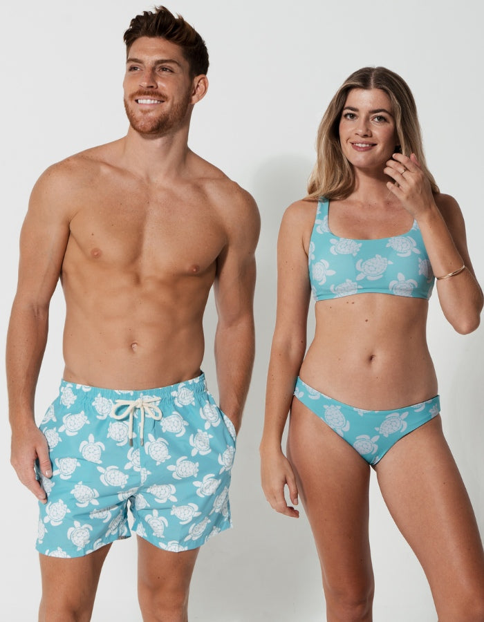 His & Hers Maldives Turtle, front view. Family matching swimwear.