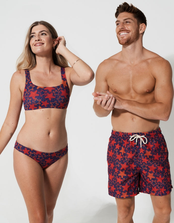 His & Hers Red Starfish, back view. Family matching swimwear.