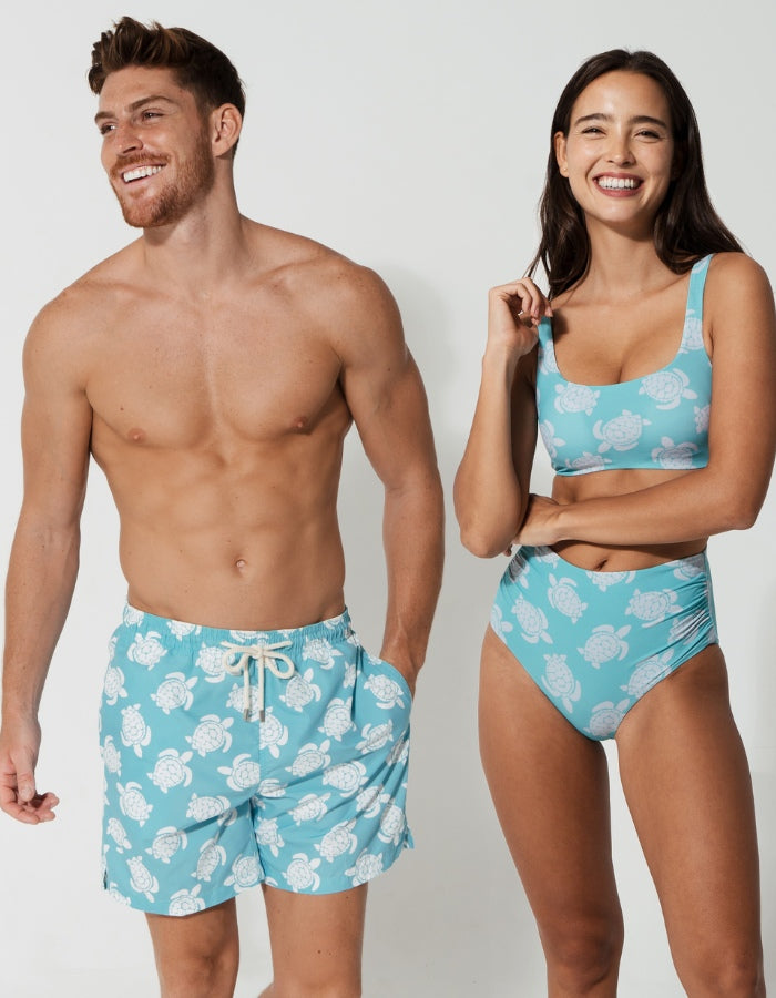 His & Hers Maldives Turtle, back view. Family matching swimwear.