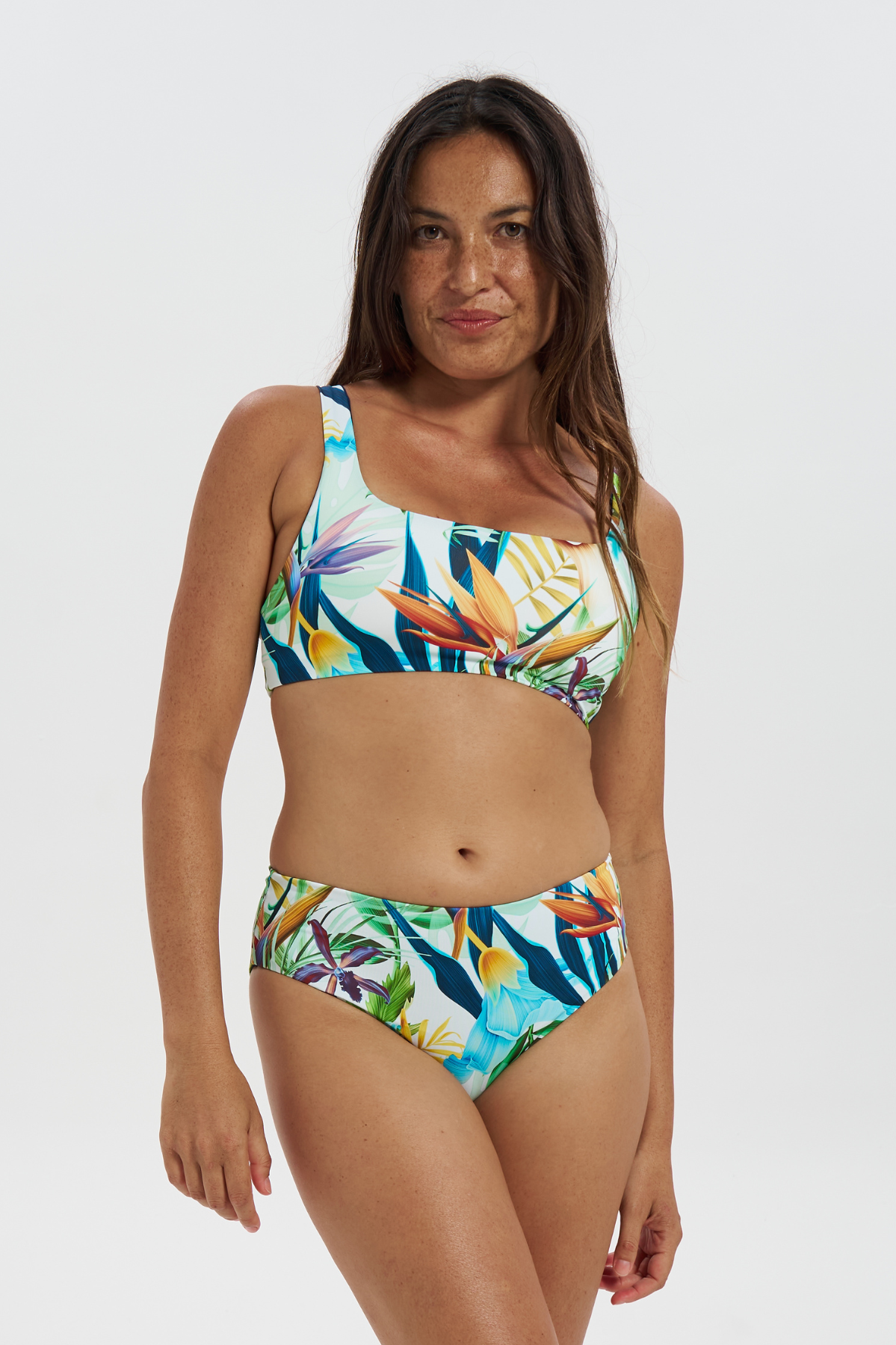 Mid Waist Bird of Paradise Womens Bikini Bottoms, front view. Sustainable womens swimwear.