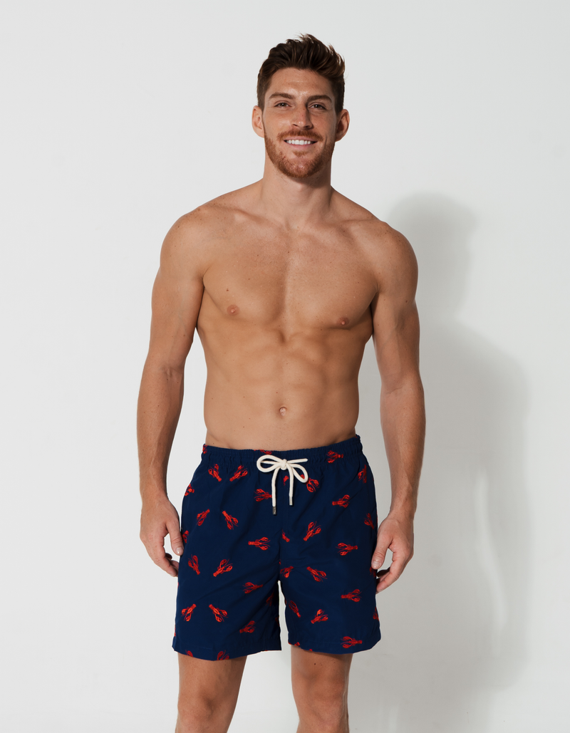 Embroidered Red Lobster Mens Swim Shorts