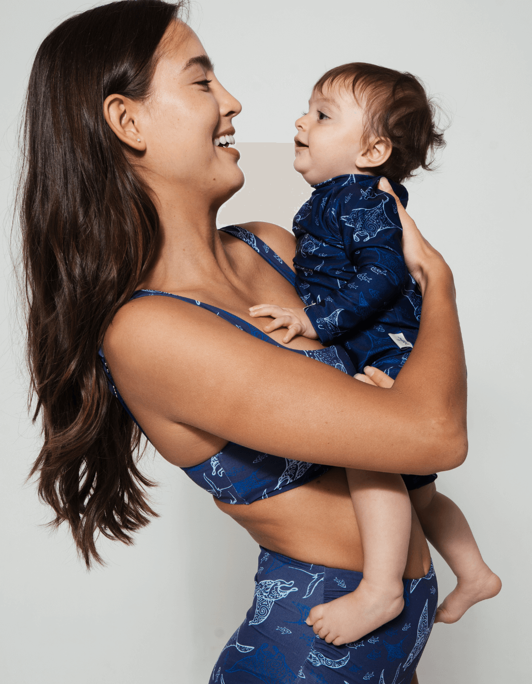 Mother & Baby Swimwear Ocean Manta, front view. Sustainable baby swimwear.
