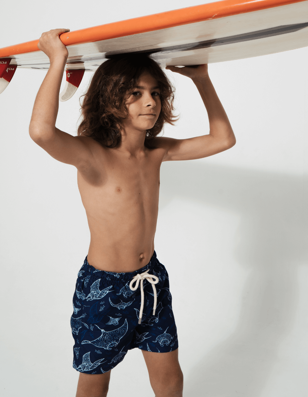 Father & Son Swim Shorts Ocean Manta, back view. Father and son matching swim shorts.