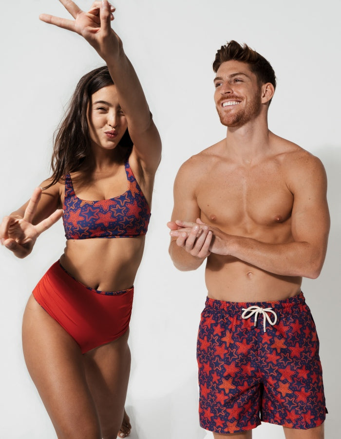 His & Hers Red Starfish, front view. Family matching swimwear.