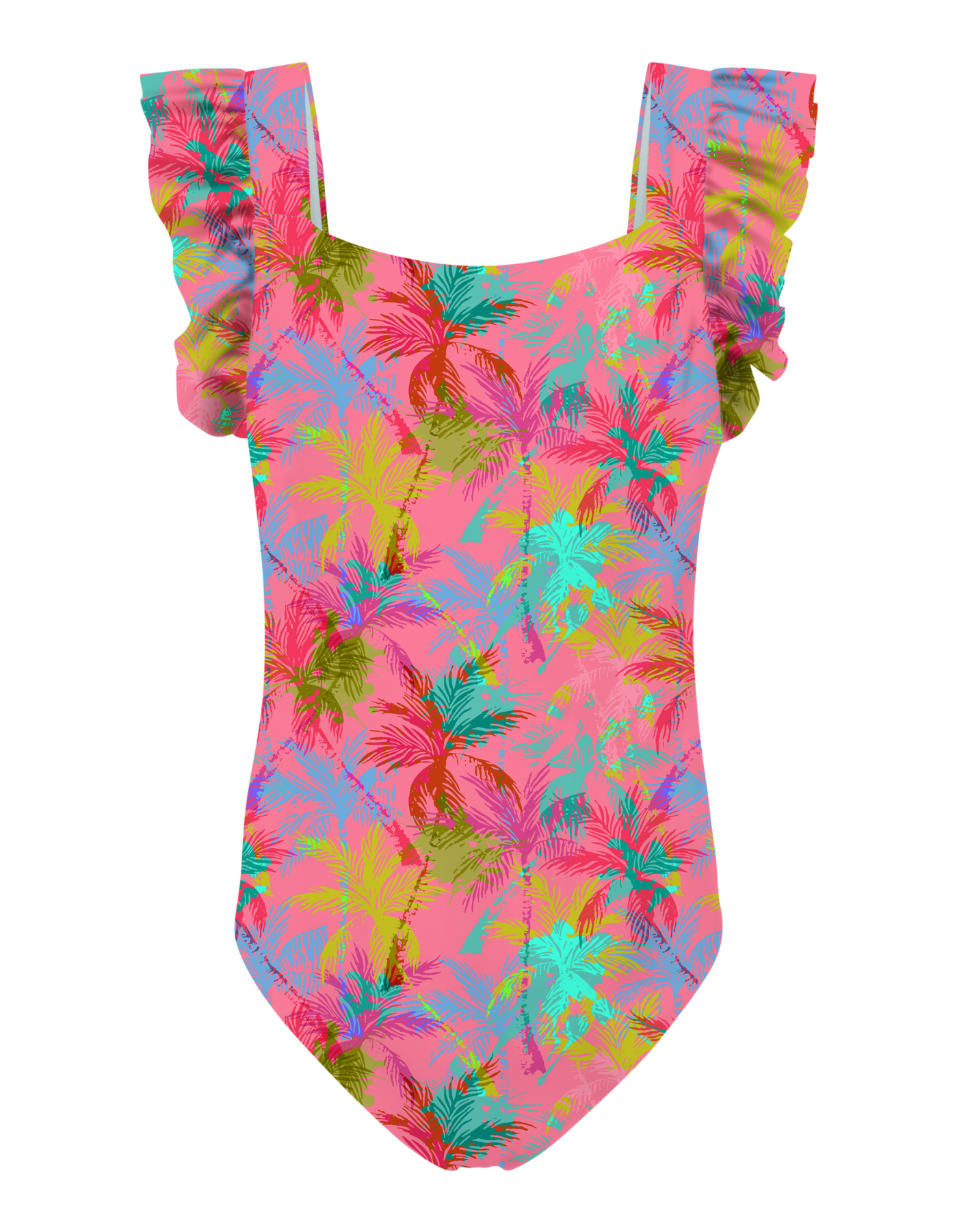 Pink Palm Girls Ruffle Swimsuit, additional view. Sustainable girls swimwear.