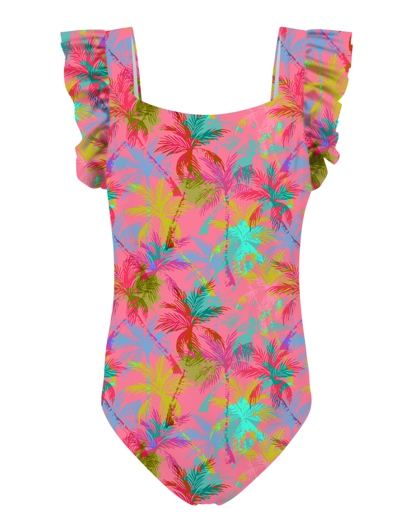 Pink Palm Girls Ruffle Swimsuit, additional view. Sustainable girls swimwear.