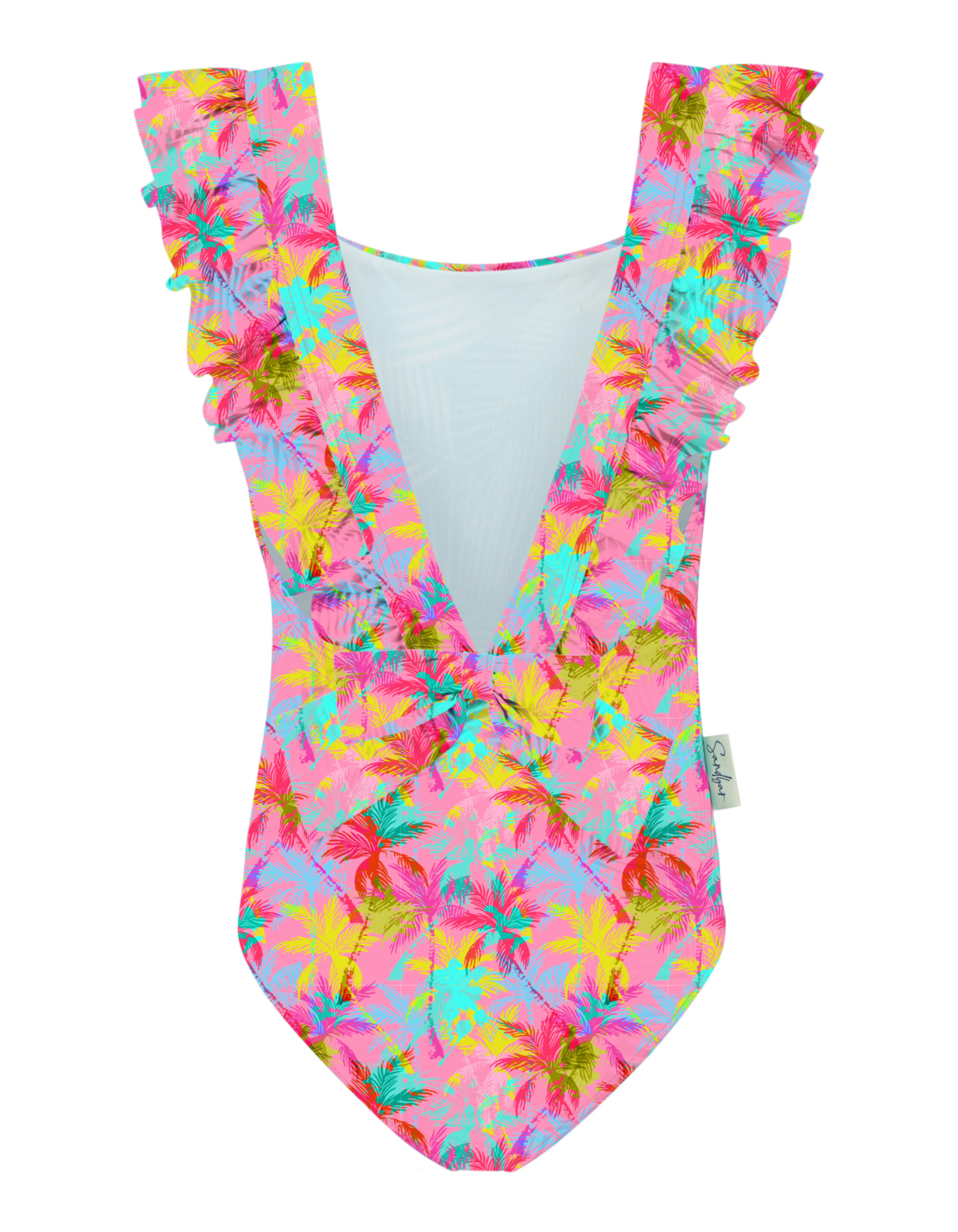 Pink Palm Girls Ruffle Swimsuit, additional view. Sustainable girls swimwear.