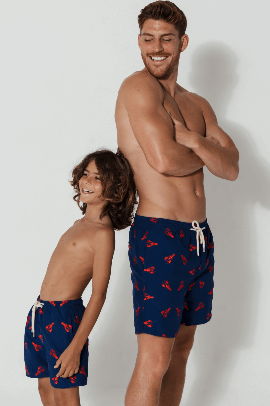 Father & Son Swim Shorts Embroidered Lobster, front view. Father and son matching swim shorts.
