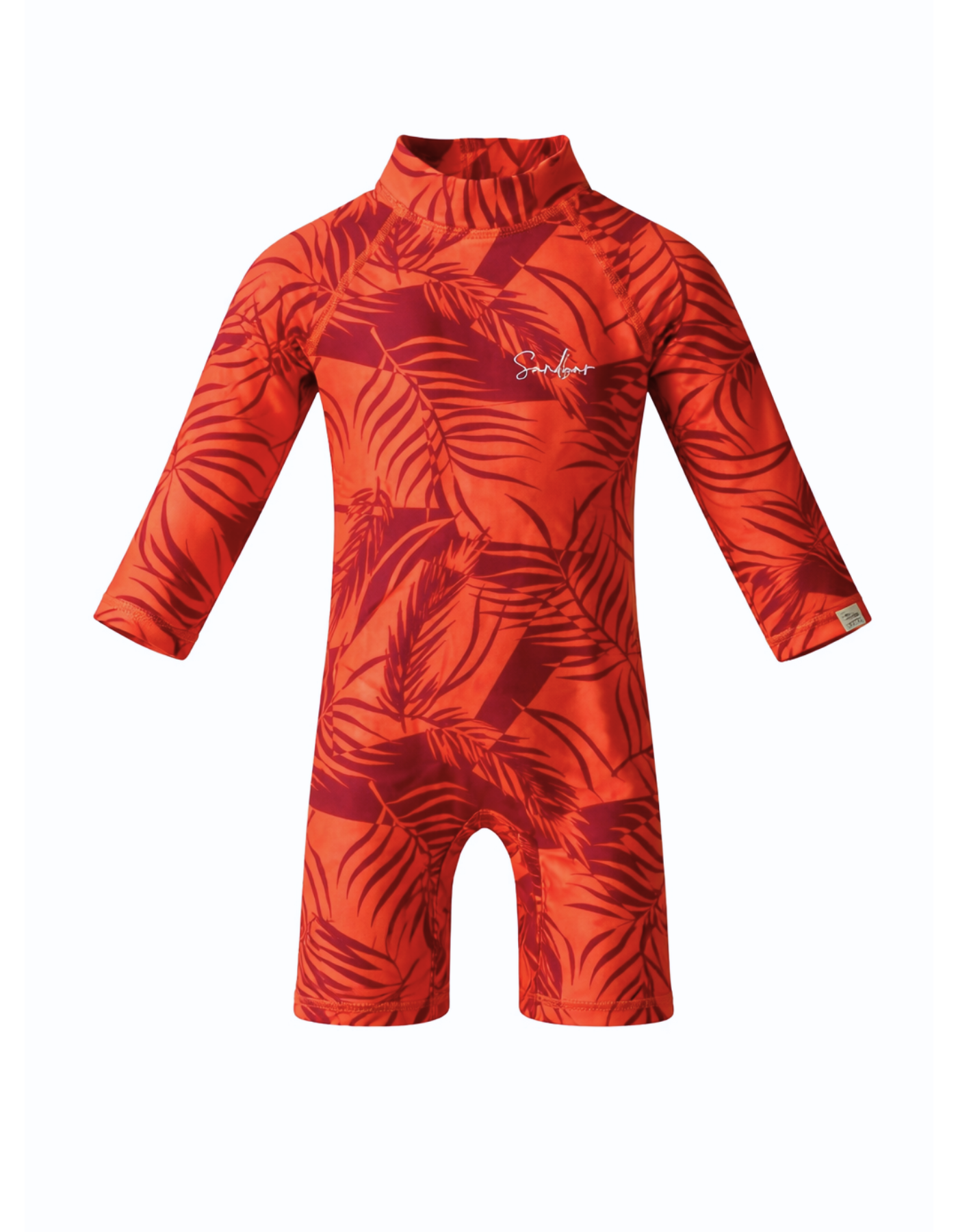 Sunset Palm Baby Swimsuit, print detail. Sustainable baby swimwear.