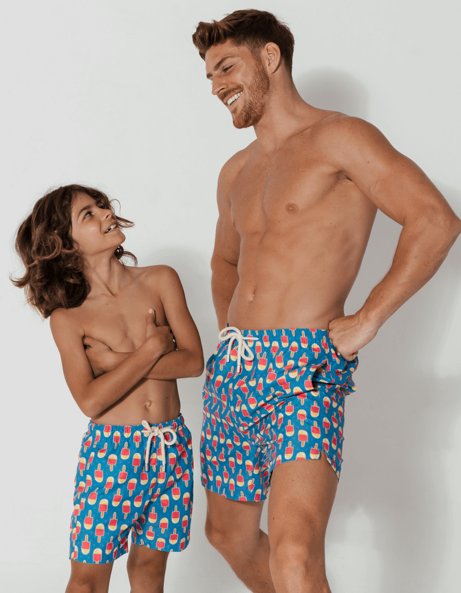 Father & Son Swim Shorts Ice Lolly, front view. Father and son matching swim shorts.