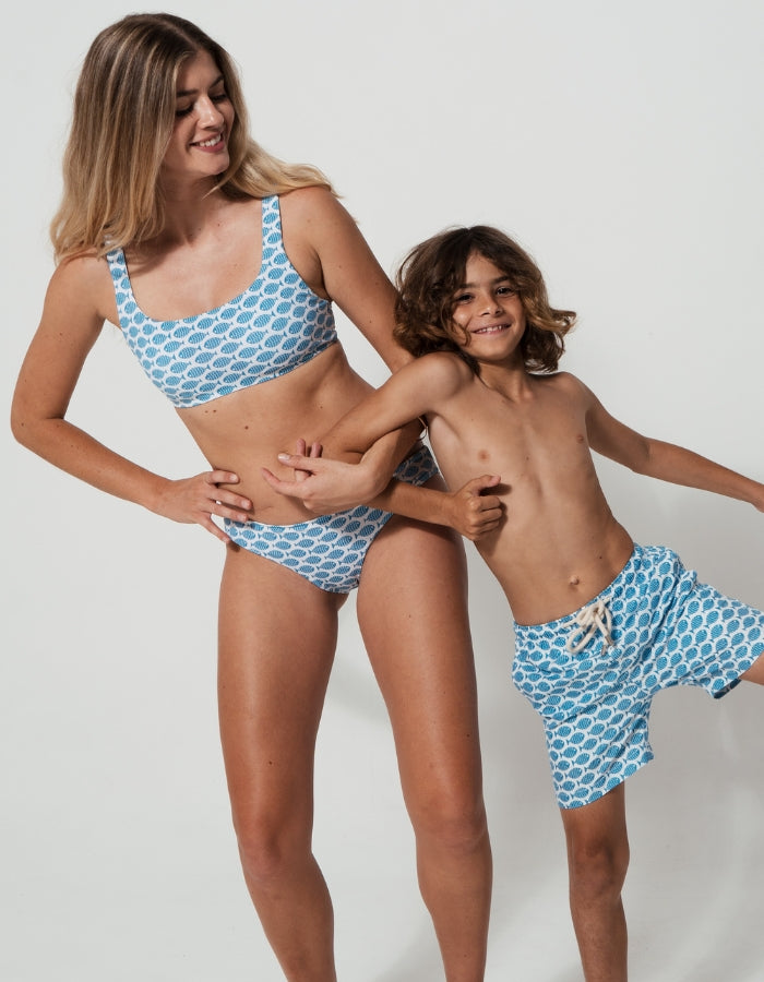Mother & Son Swimwear Baby Blue Fish, front view. Mother and son matching swimwear.