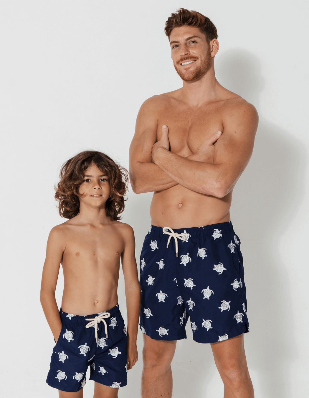 Father & Son Swim Shorts Embroidered Turtle, front view. Father and son matching swim shorts.