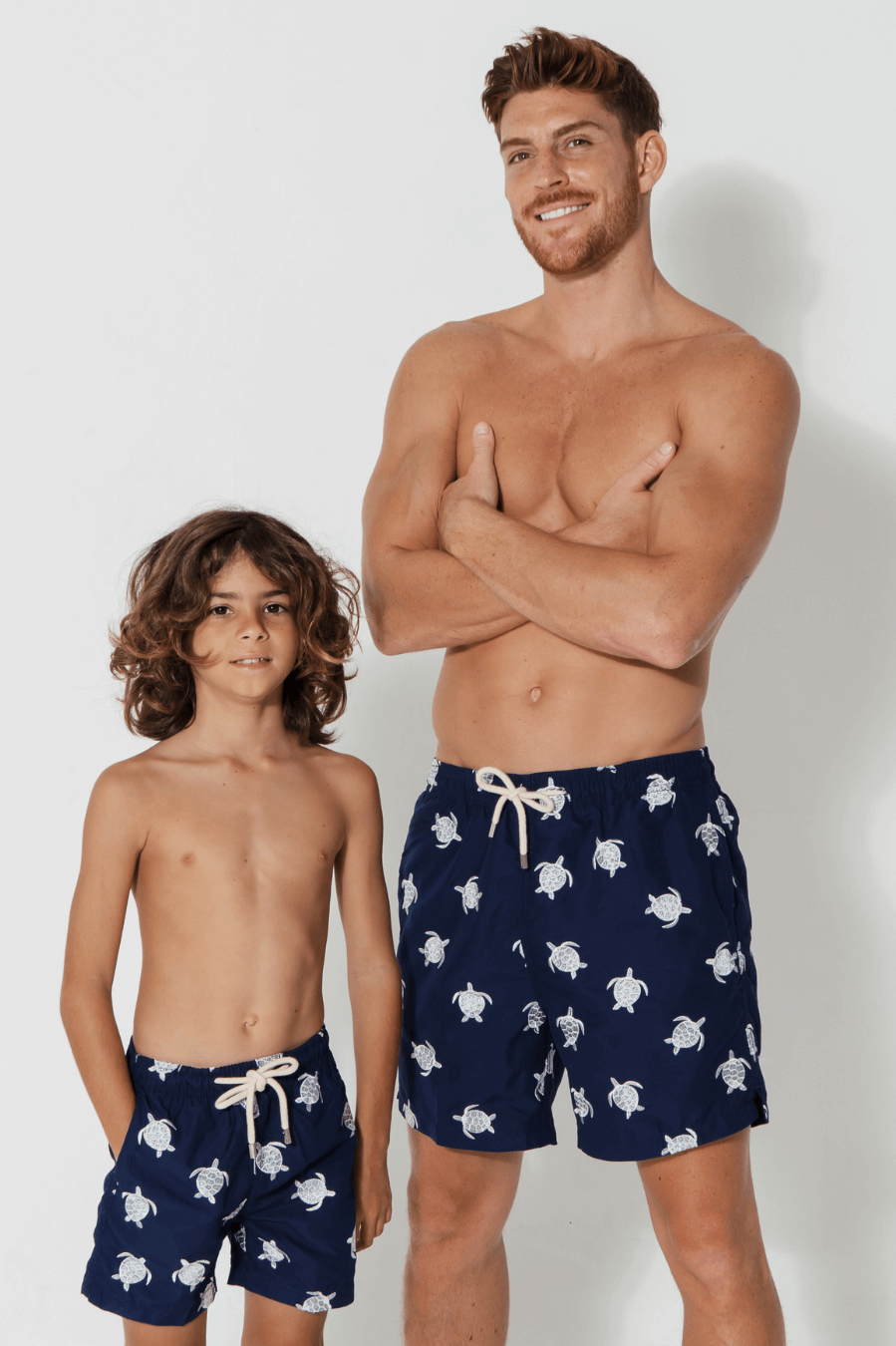 Father & Son Swim Shorts Embroidered Turtle, front view. Father and son matching swim shorts.