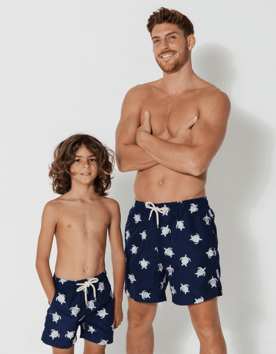 Father & Son Swim Shorts Embroidered Turtle, front view. Father and son matching swim shorts.