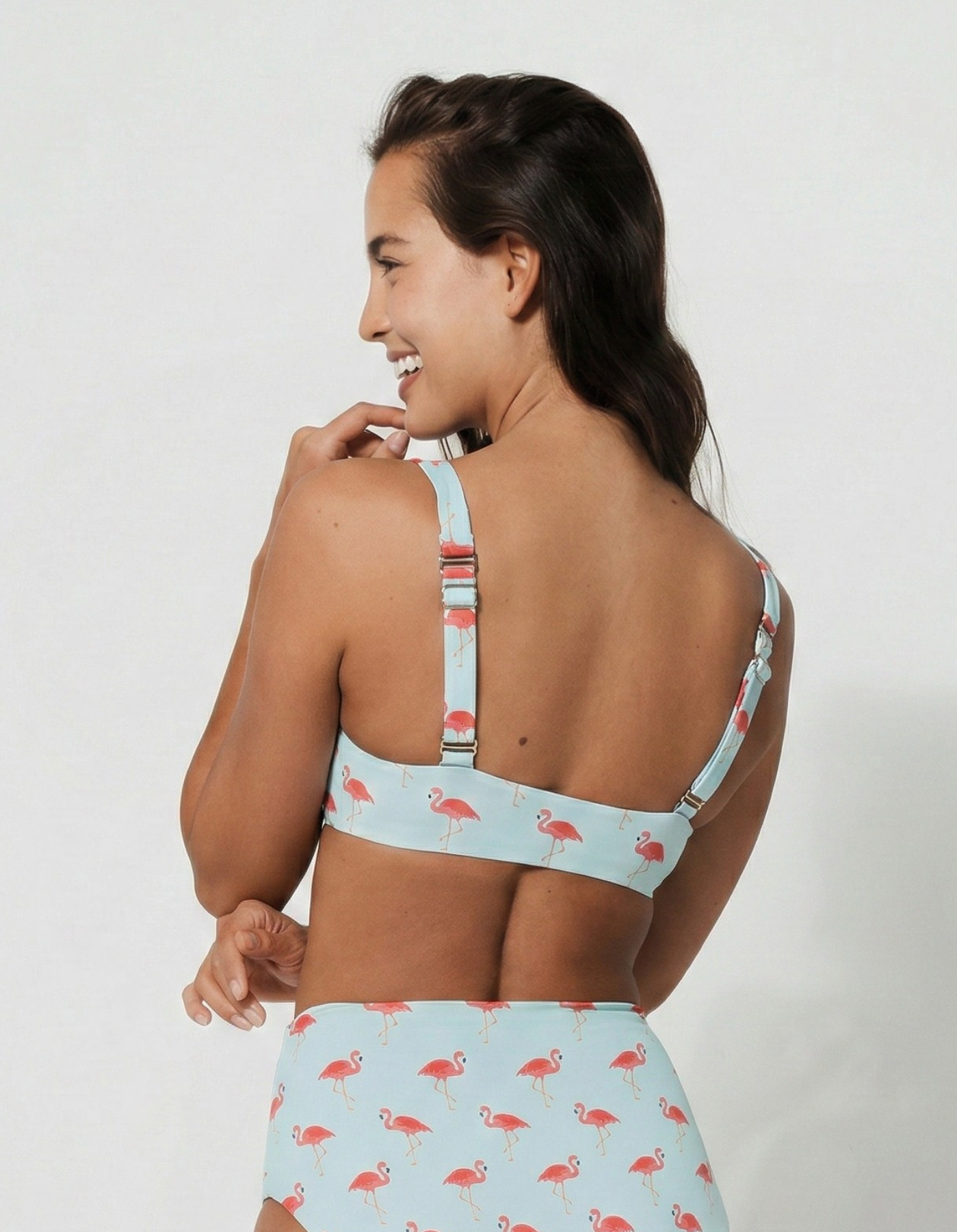 Pink Flamingo Womens Tank Bikini Top, print detail. Sustainable womens swimwear.