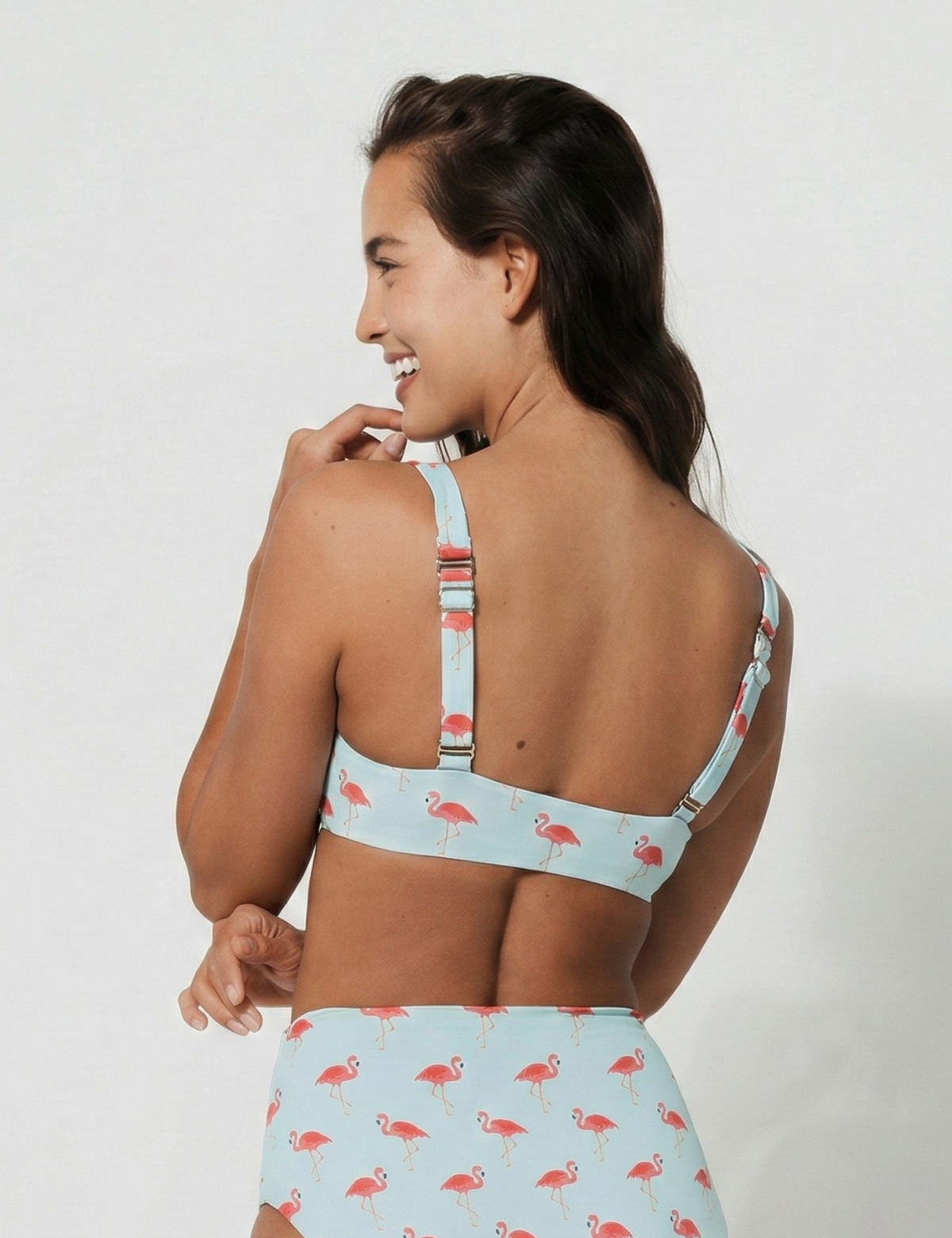 Pink Flamingo Womens Tank Bikini Top, print detail. Sustainable womens swimwear.