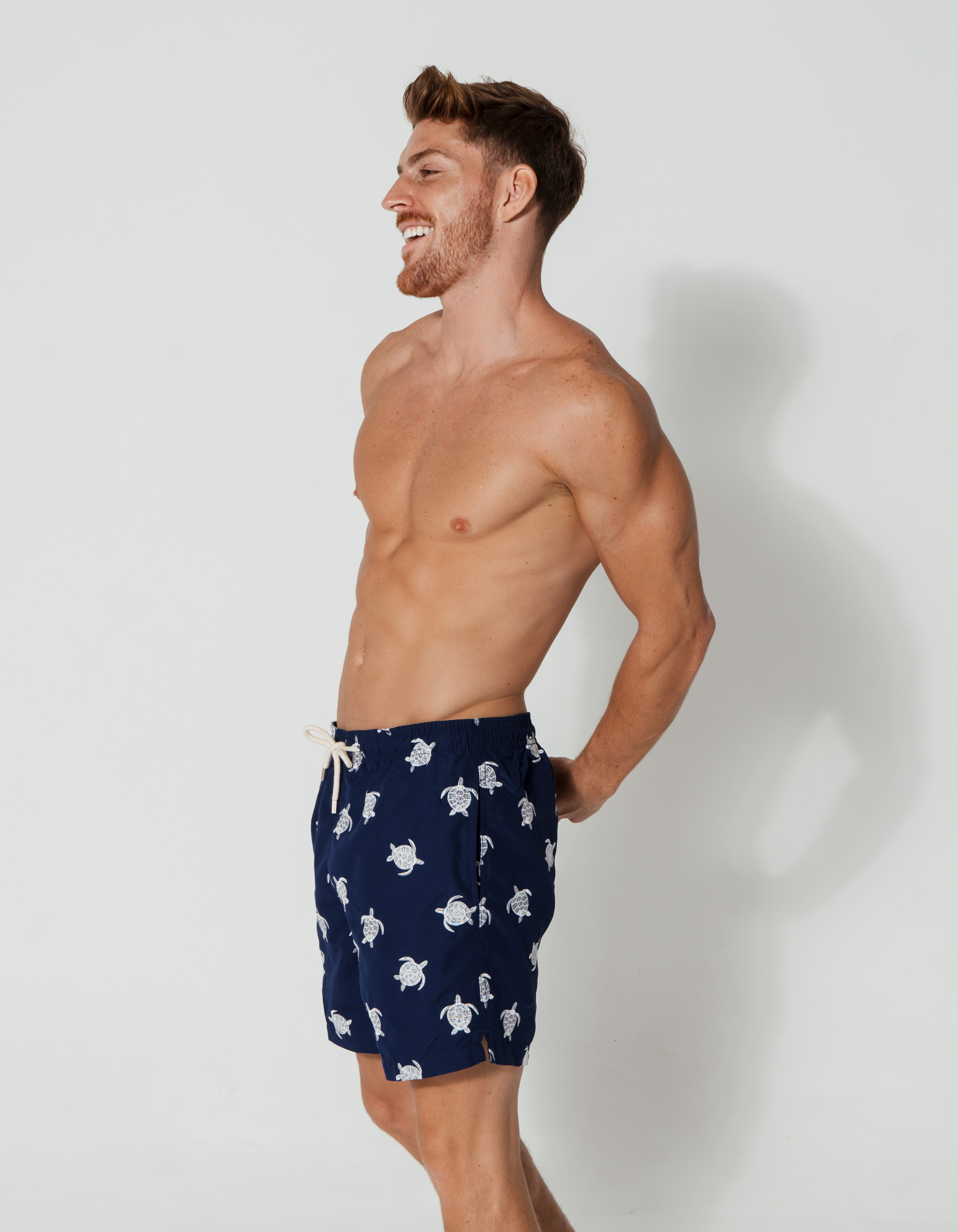 Embroidered Turtle Mens Swim Shorts, print detail. Embroidered mens swim shorts.