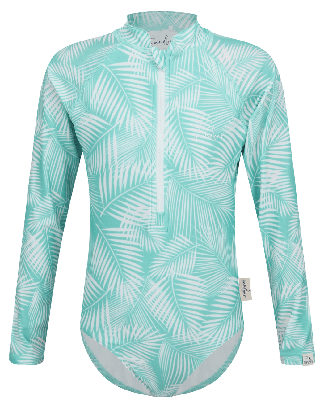 Green Fern Long Sleeved Girls Swimsuit, additional view. Sustainable girls swimwear.