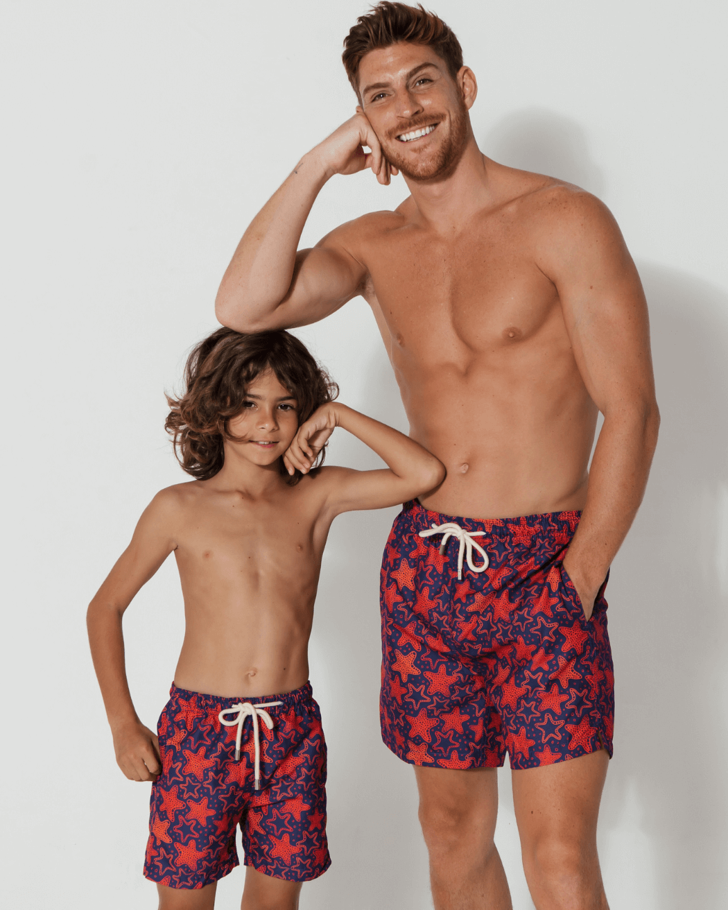 Father & Son Swim Shorts Red Starfish, front view. Father and son matching swim shorts.