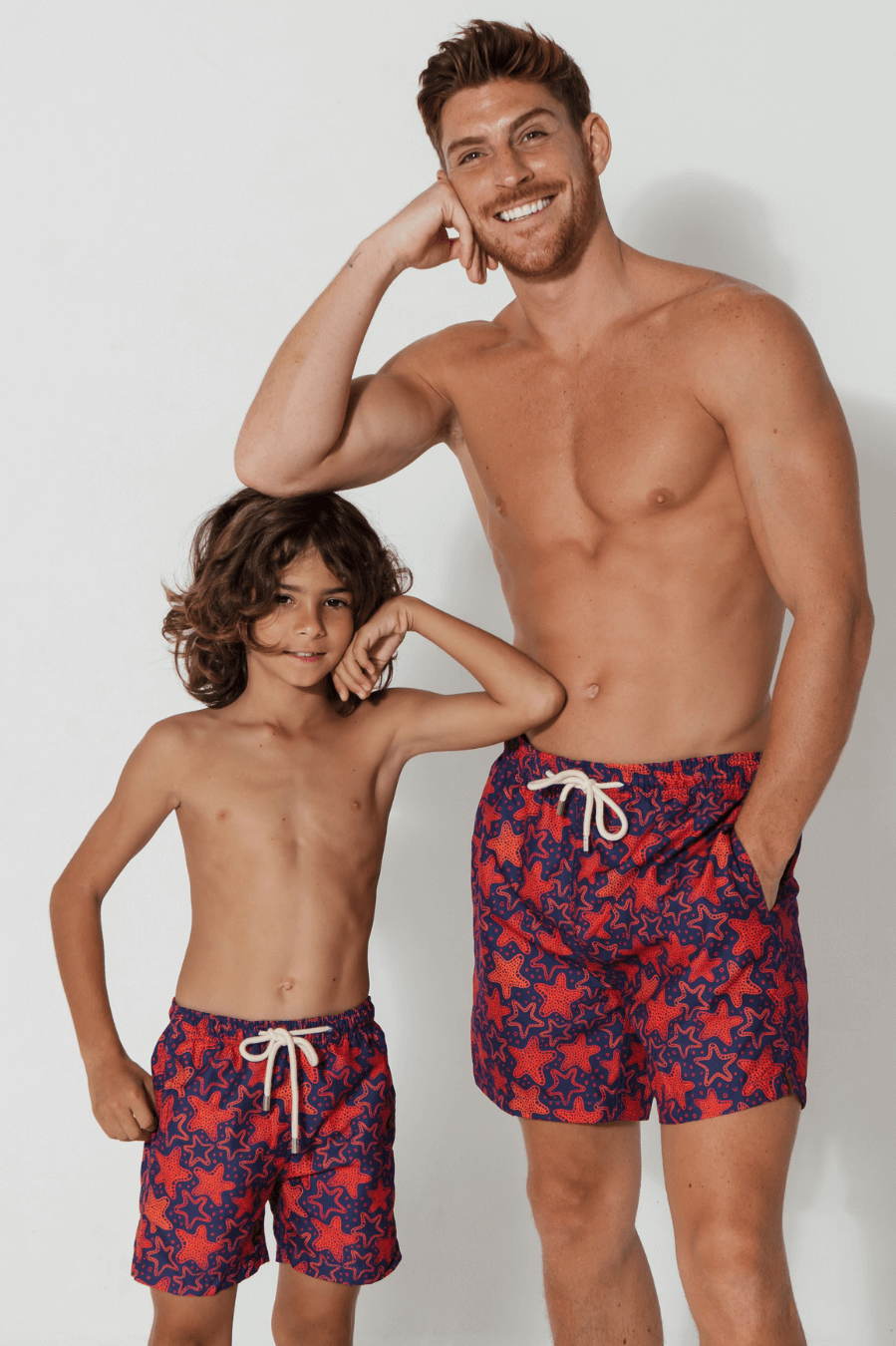 Father & Son Swim Shorts Red Starfish, front view. Father and son matching swim shorts.