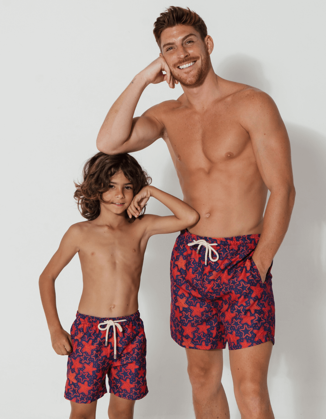 Father & Son Swim Shorts Red Starfish, front view. Father and son matching swim shorts.