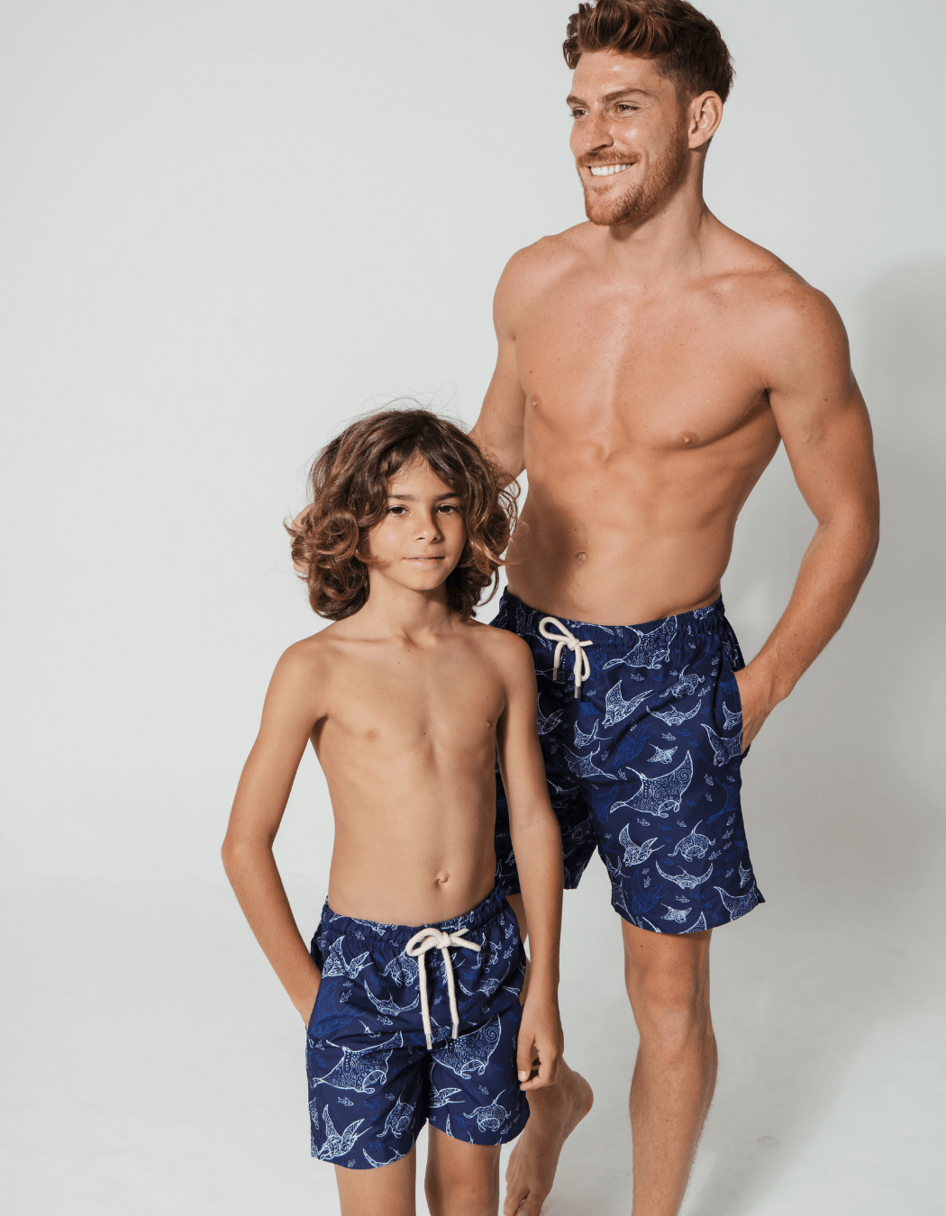 Father & Son Swim Shorts Ocean Manta, front view. Father and son matching swim shorts.