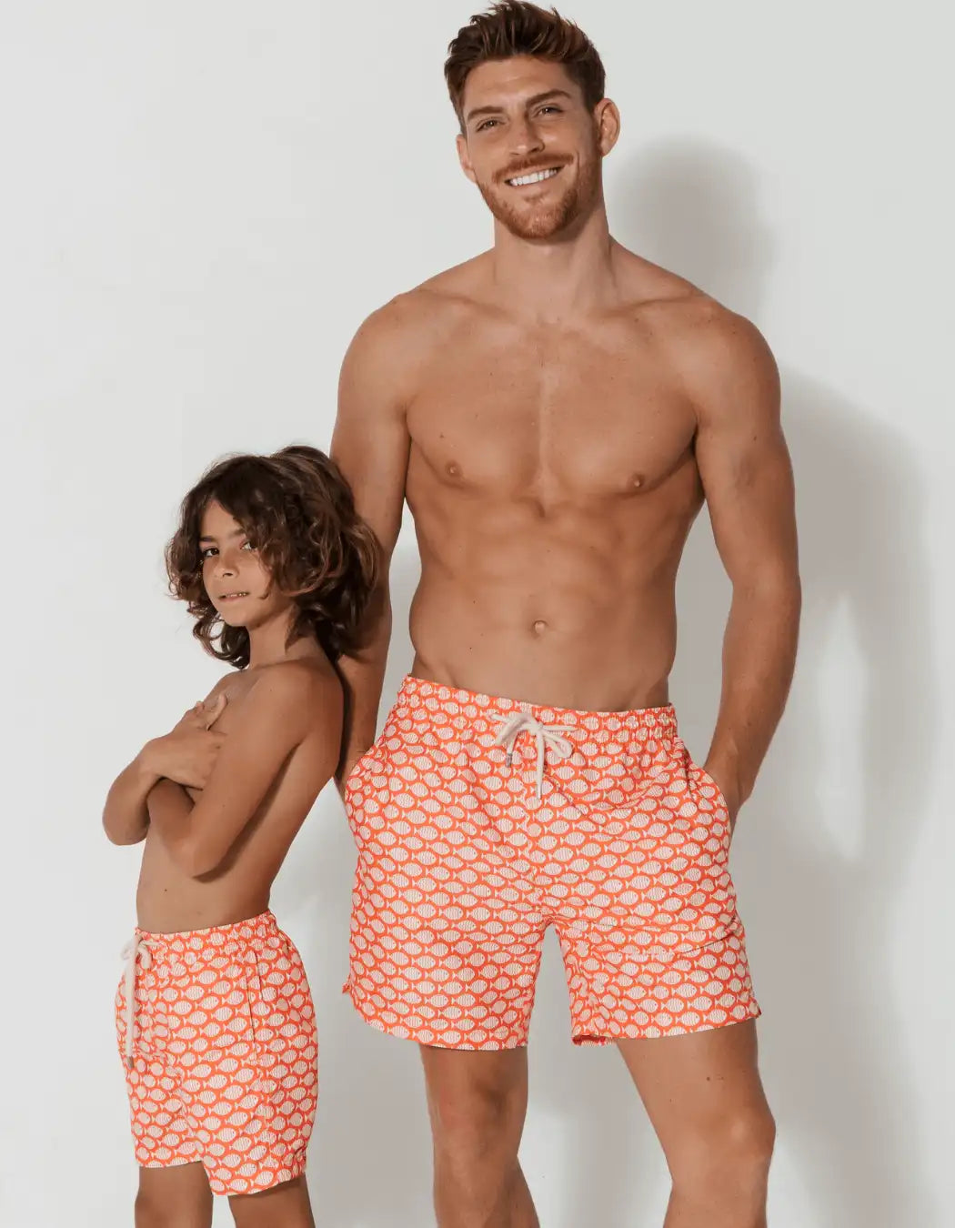Father & Son Swim Shorts Coral Fish, front view. Father and son matching swim shorts.