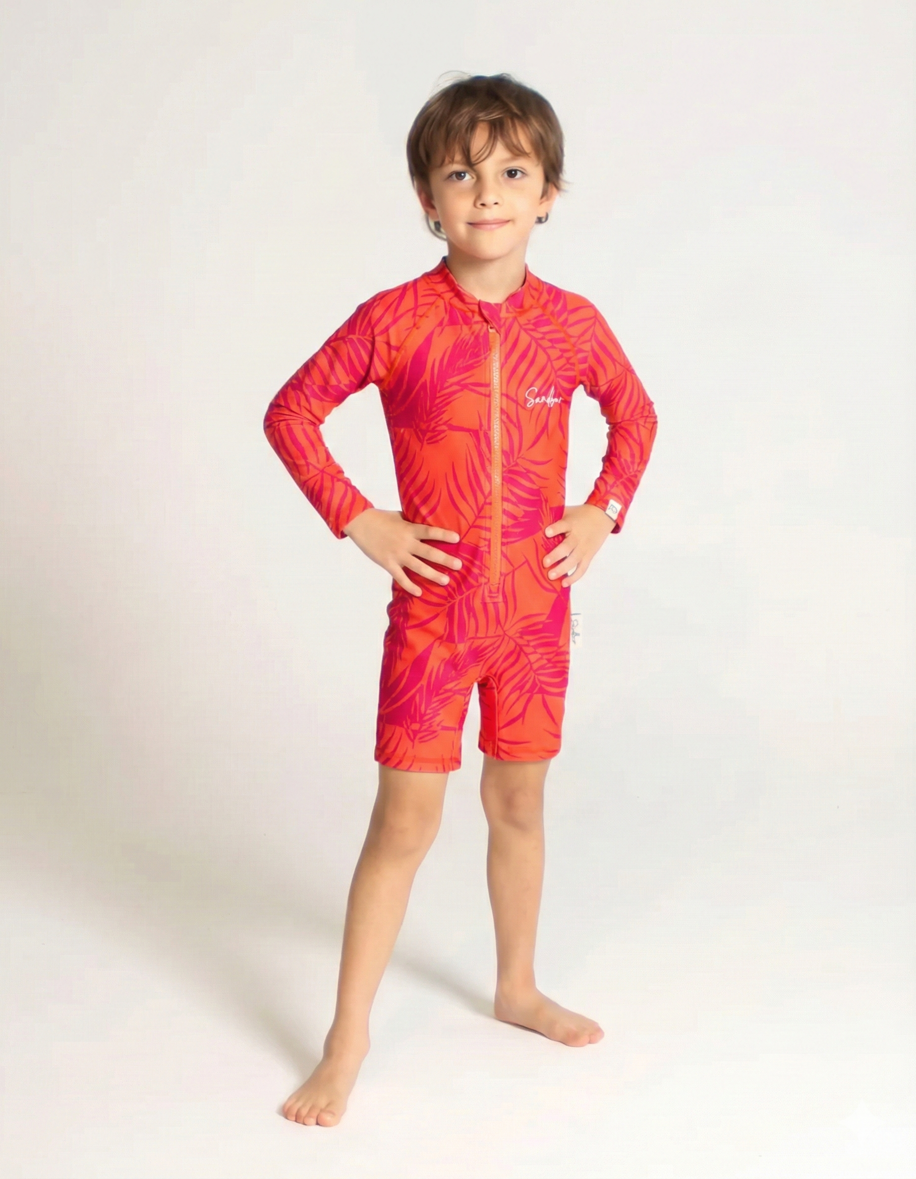 Aperol Palm Kids Body Suit, front view. Sustainable kids swimwear.