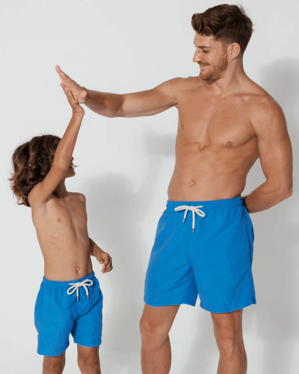 Father & Son Swim Shorts Coastal Blue, front view. Father and son matching swim shorts.