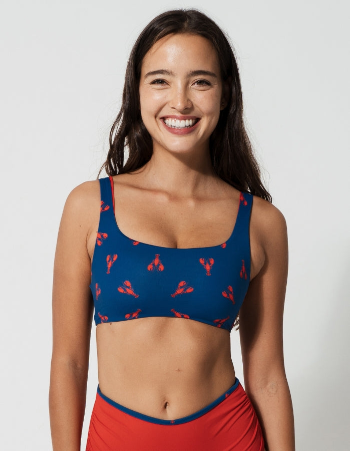 Lobster Tank Womens Bikini Top, front view. Sustainable womens swimwear.
