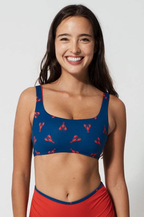 Lobster Tank Womens Bikini Top, front view. Sustainable womens swimwear.