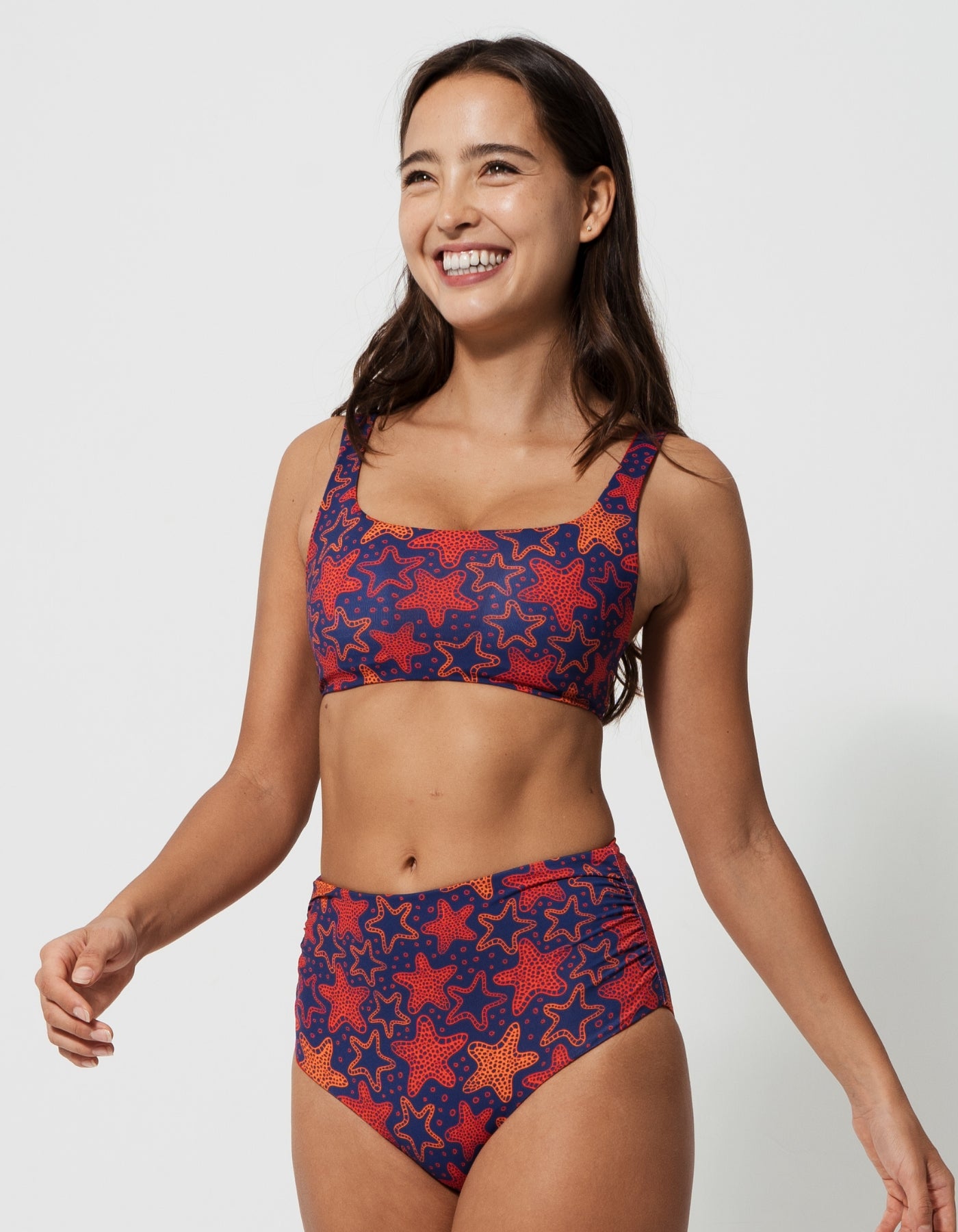 Mother & Son Red Starfish, back view. Mother and son matching swimwear.