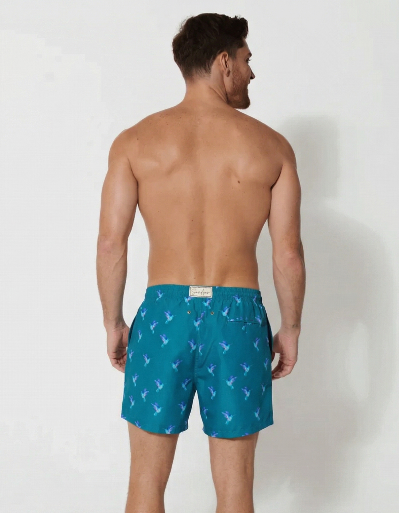 Hummingbird Mens Swim Shorts, additional view. Sustainable mens swimwear.