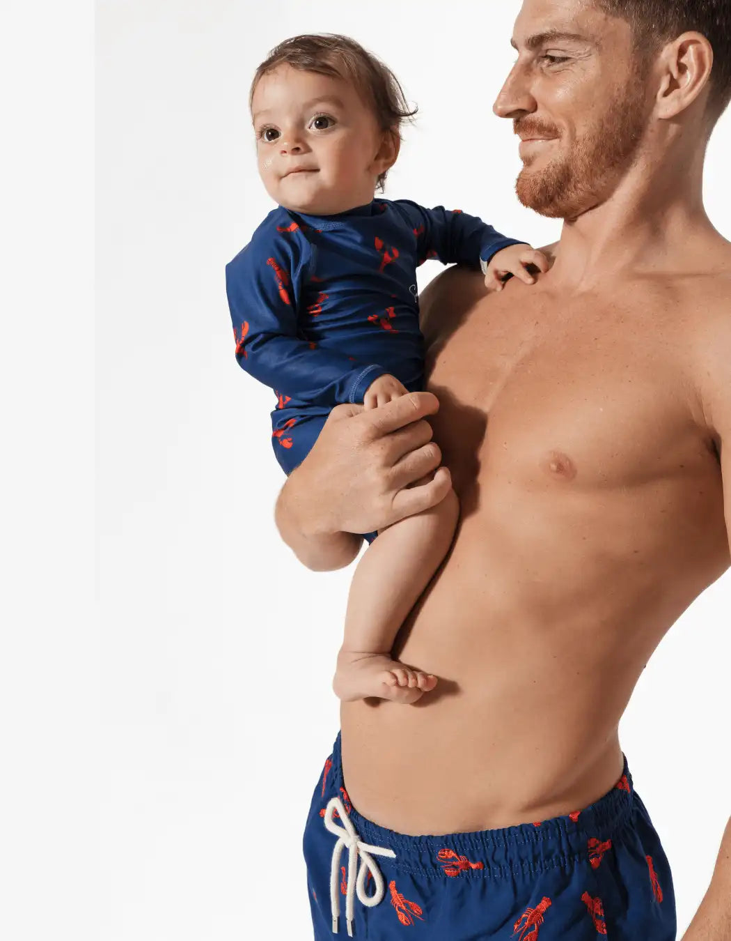 Father & Baby Embroidered Red Lobster, front view. Father and son matching swim shorts.