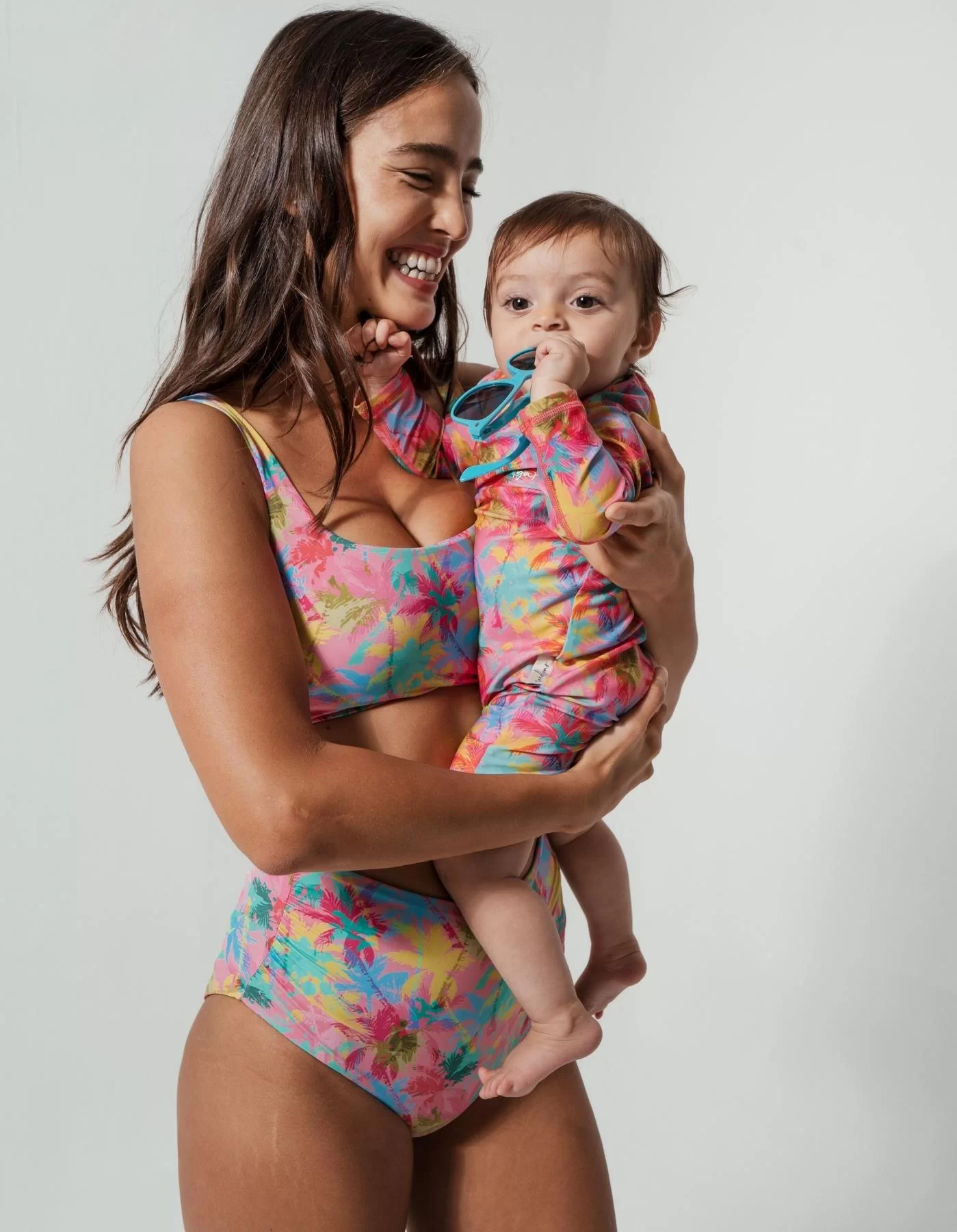 Mother & Baby Swimwear Pink Palm, front view. Sustainable baby swimwear.