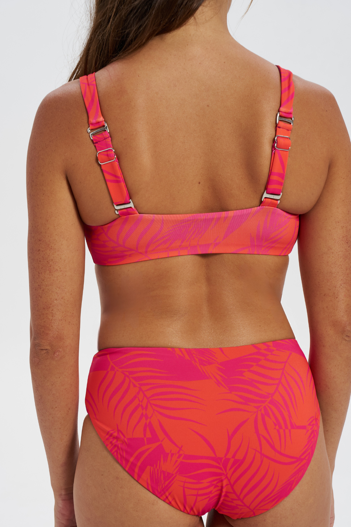 Aperol Palm Womens Tank Bikini Top, print detail. Sustainable womens swimwear.