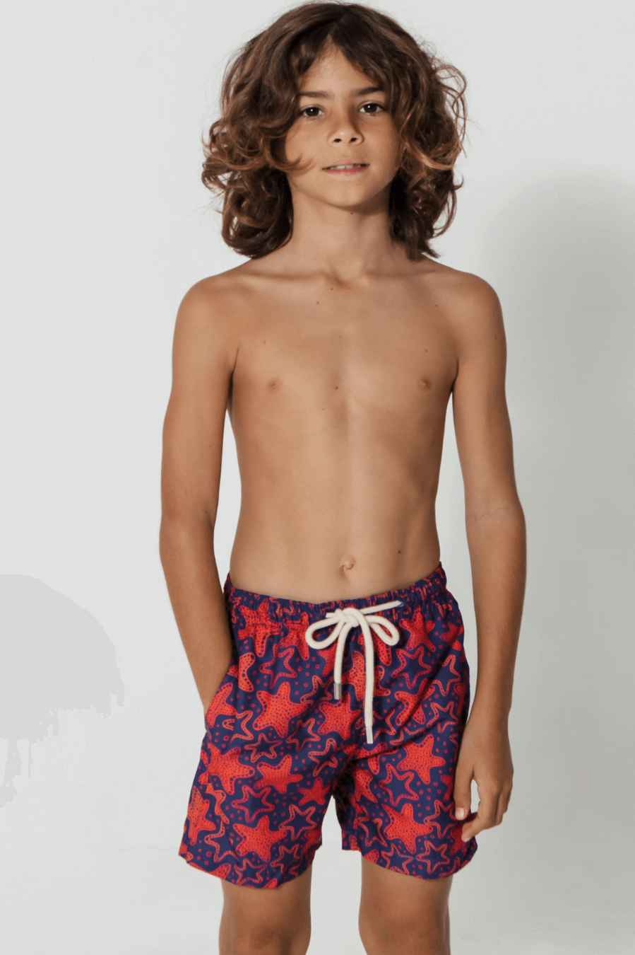 Father & Son Swim Shorts Red Starfish, back view. Father and son matching swim shorts.