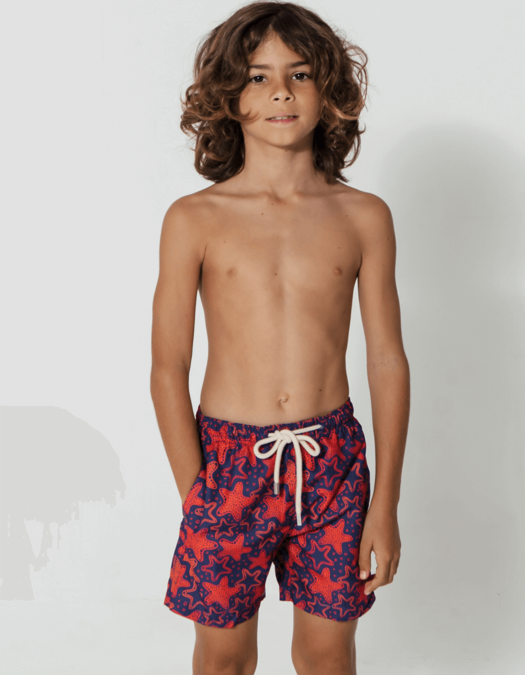 Father & Son Swim Shorts Red Starfish, back view. Father and son matching swim shorts.